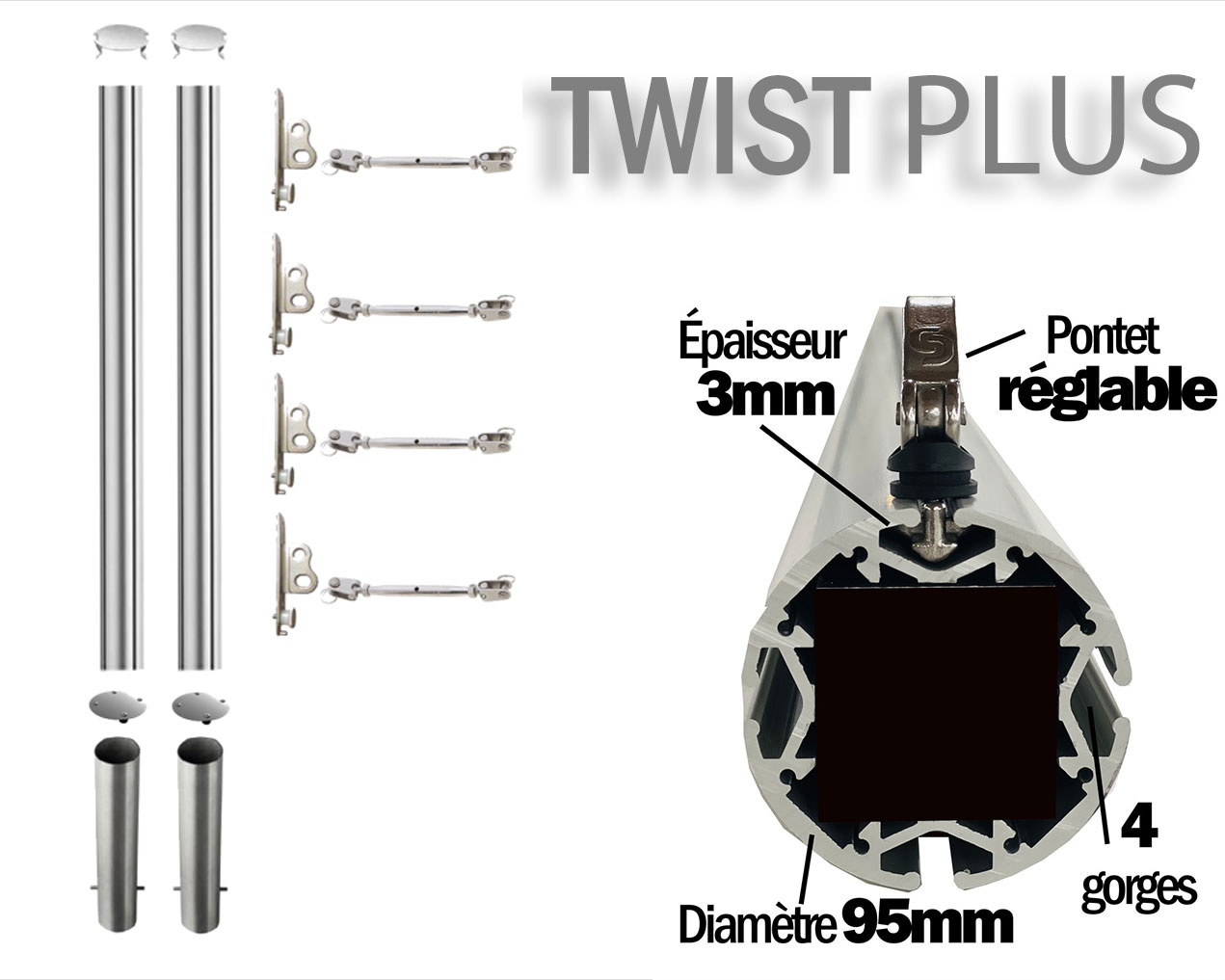 détail des accessoires fournis avec la concept twist évo pour voile d'ombrage